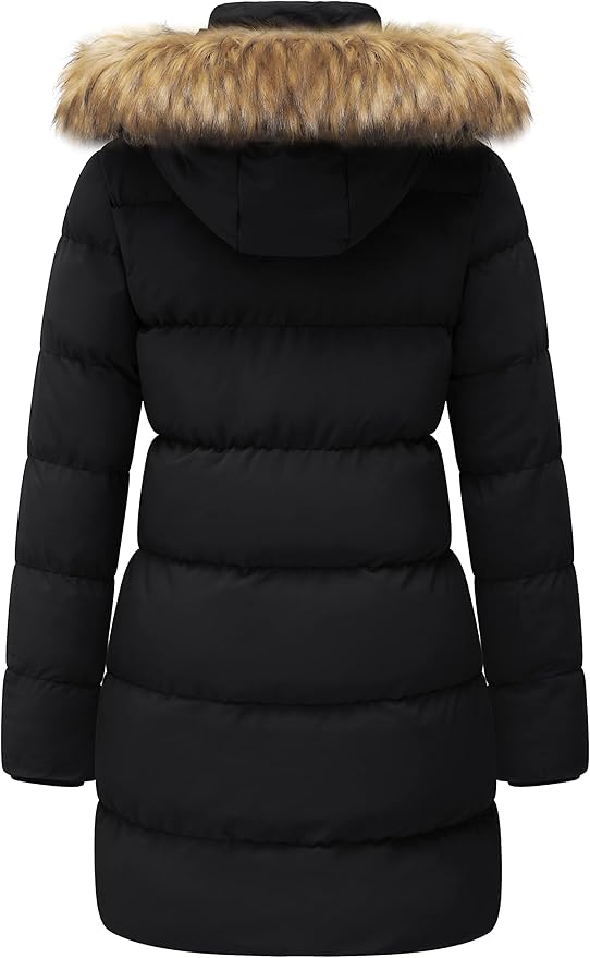 Womens Puffer Coat Winter Warm Faux Fur Removable Hood Black Size L WenVen