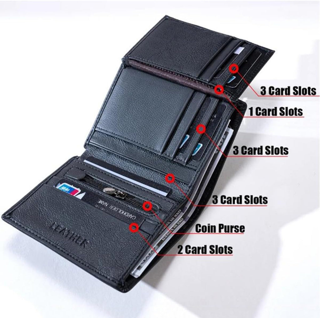 Real Leather Mens Trifold Wallet with RFID Blocking, Multiple Card Slots & ID Window, Zipper Coin Pocket for Secure Daily Commute and Travel, Black