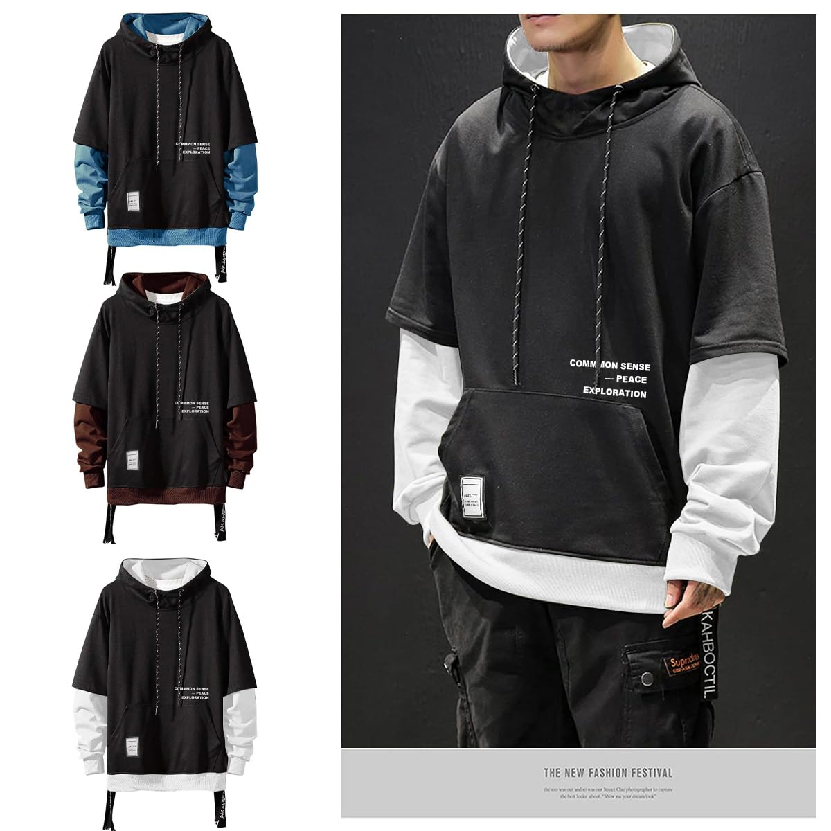 Moshtashio Men's Hoodie Colorblock Pullover Sweatshirt with Design Hip Hop
