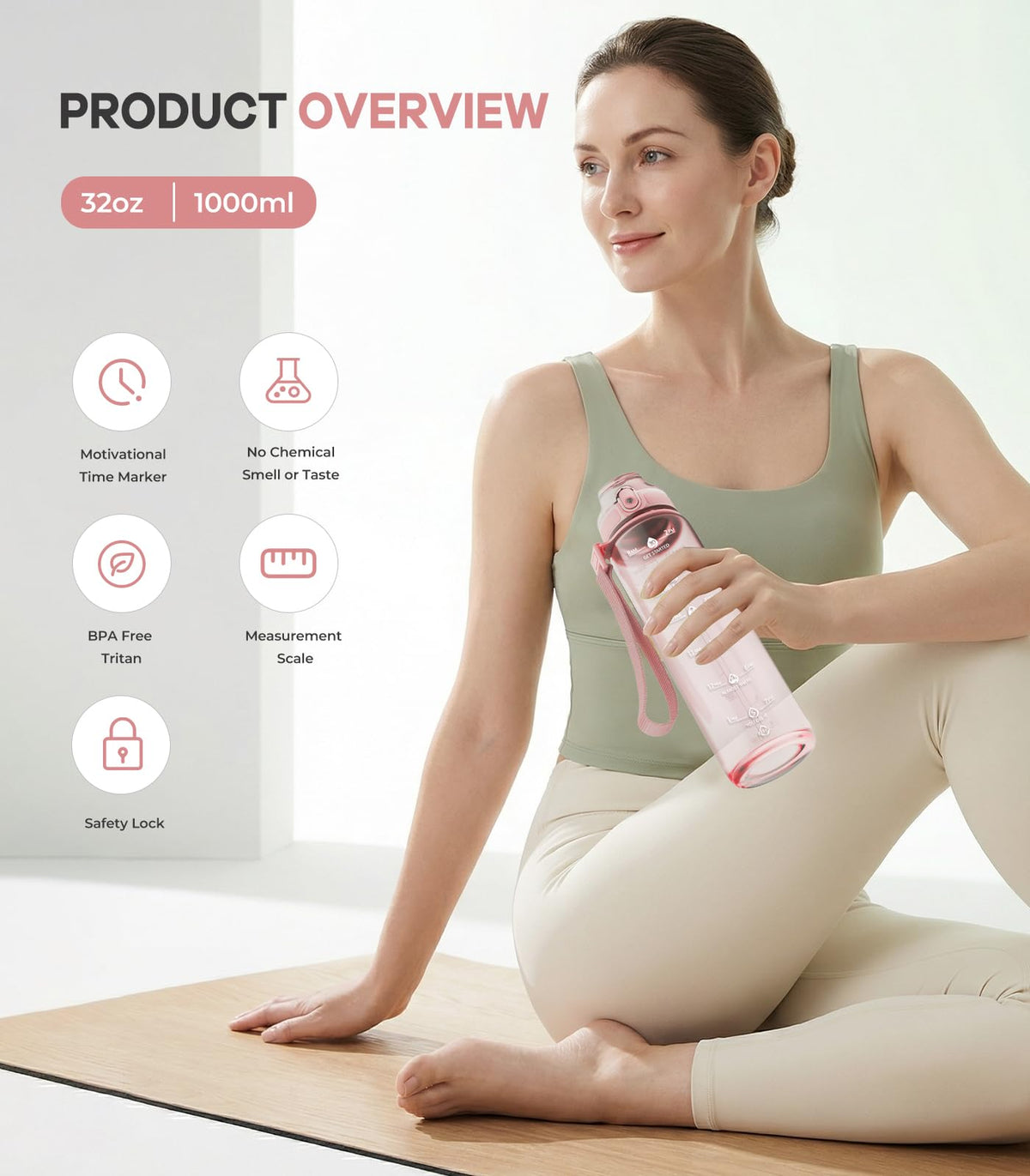 1L Water Bottle Made of BPA-Free Tritan Material, Sports Water Bottle with Removable Straw & Hydration Time Markerings, Ideal for Gym, Travel, Home, School and Outdoor Activities - Dusty-Blue