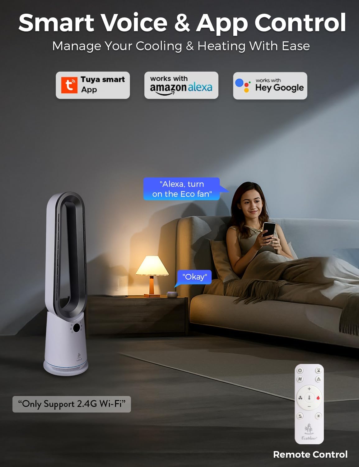 Bladeless Tower Fan Heater Cooler 2 in 1 Remote Alexa Smart Control EcoNour Home
