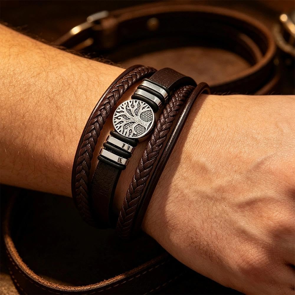 Braided Leather Bracelet with Tree of Life Charm, Adjustable Spiritual Jewelry for Men and Women, Symbolic Boho Gift