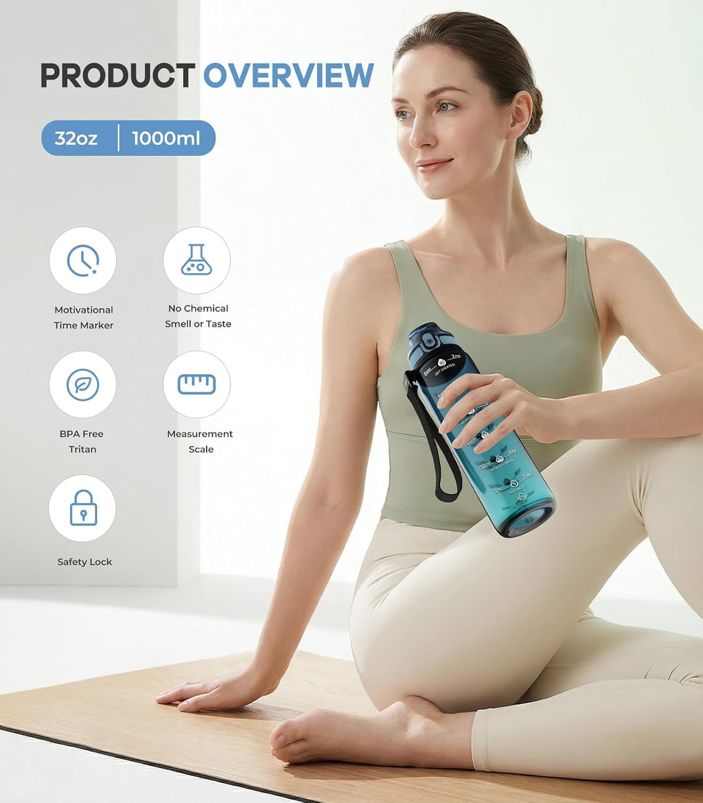 1L Water Bottle Made of BPA-Free Tritan Material, Sports Water Bottle with Removable Straw & Hydration Time Markerings, Ideal for Gym, Travel, Home, School and Outdoor Activities - Dusty-Blue
