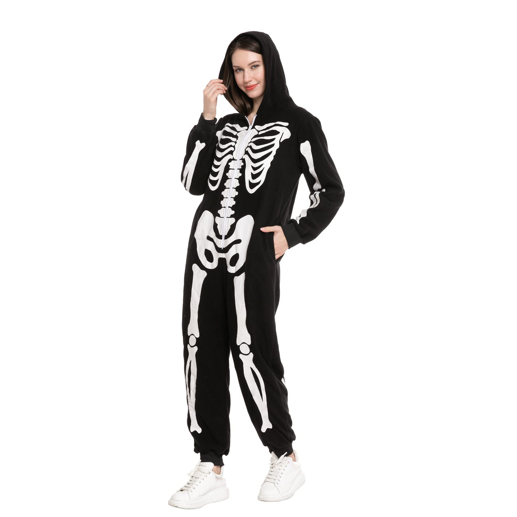 Spooktacular Creations Unisex Skeleton Jumpsuit - Plush Skeleton Zippered Halloween Hoody for Adult Sleepwear Costume