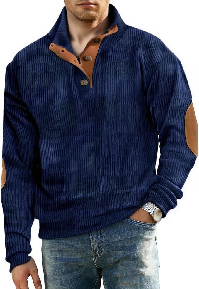 Retro Colorblock Knitted Ribbed Sweater, Neutral Tones,Men's Casual Warm Stand Collar Pullover Sweater for Fall Winter,Blue