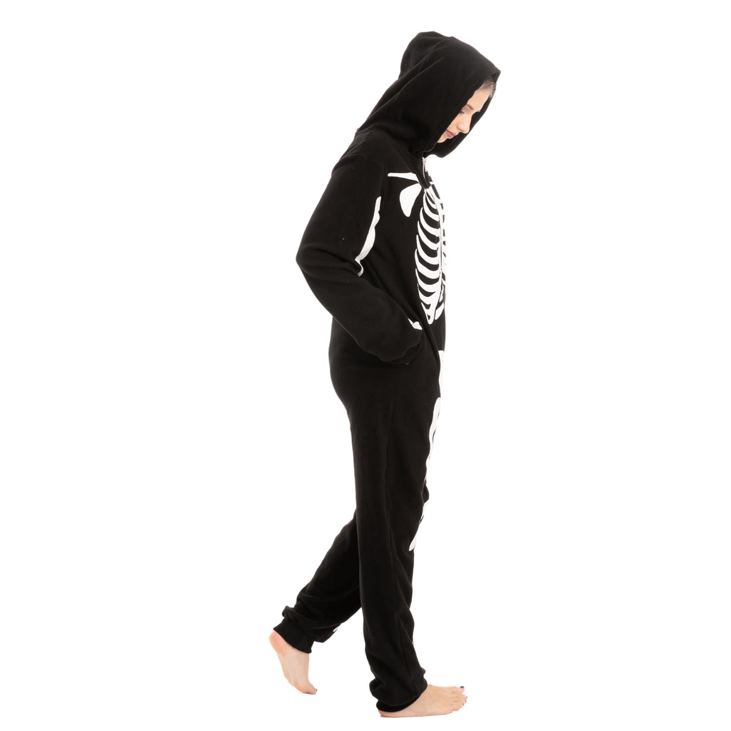Spooktacular Creations Unisex Skeleton Jumpsuit - Plush Skeleton Zippered Halloween Hoody for Adult Sleepwear Costume