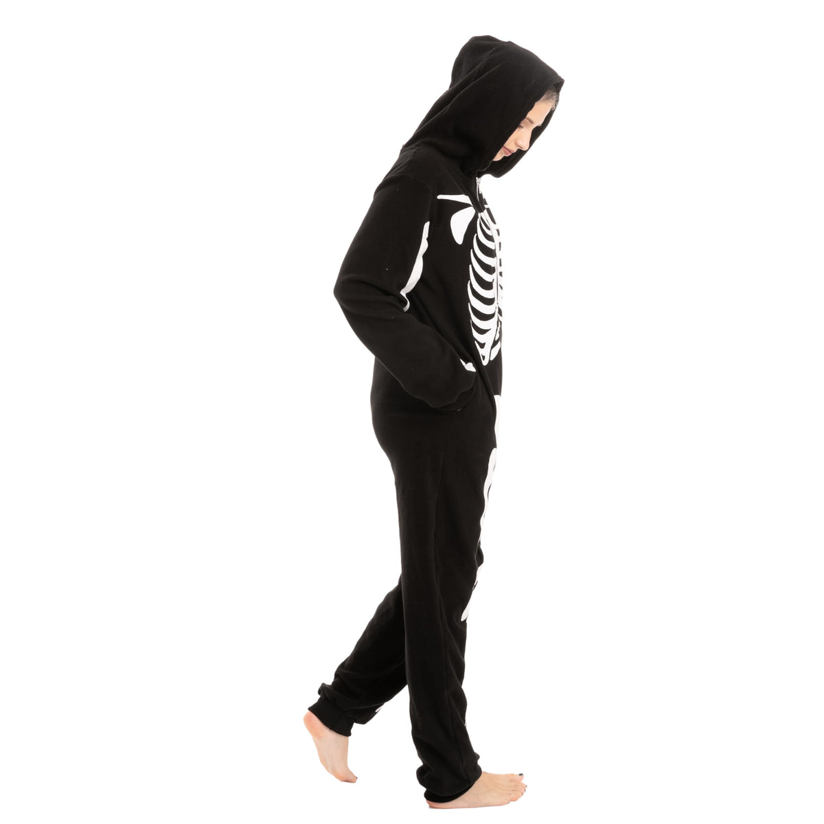 Spooktacular Creations Unisex Skeleton Jumpsuit - Plush Skeleton Zippered Halloween Hoody for Adult Sleepwear Costume