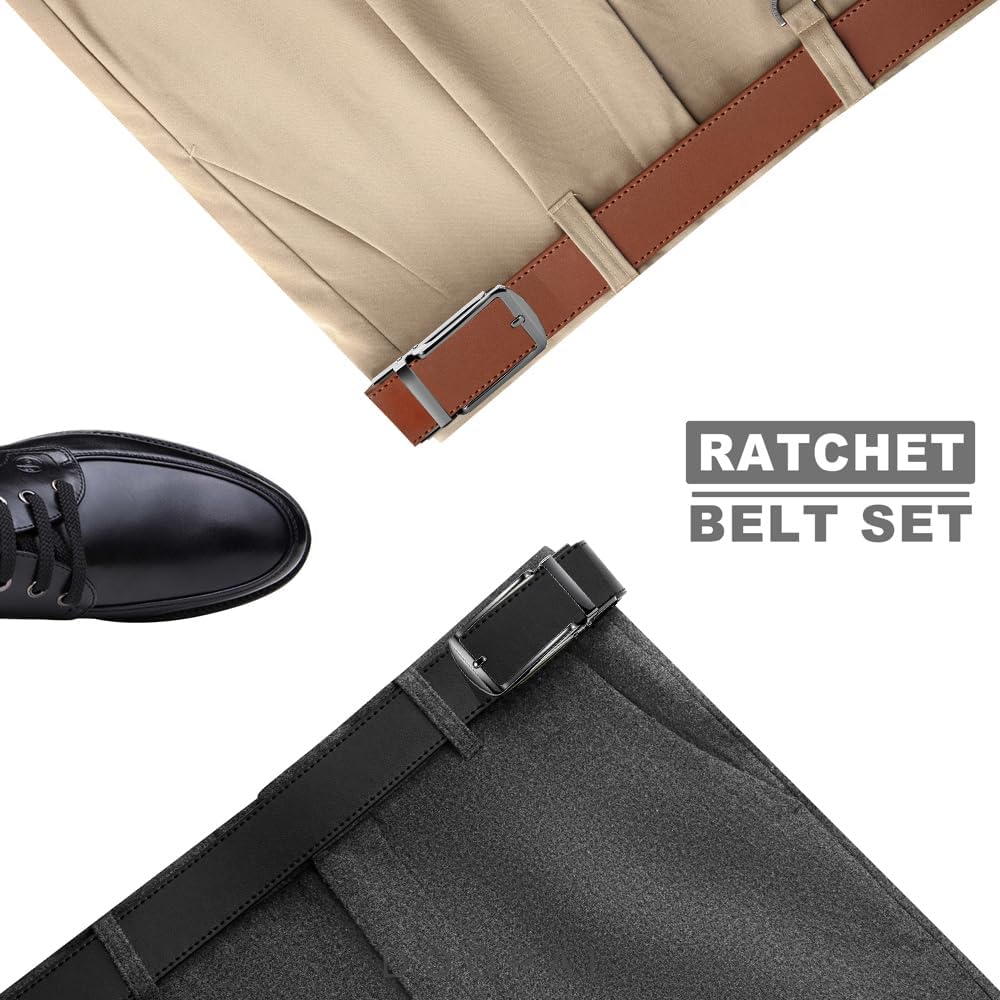 Mens Belt Leather Ratchet 1 3/8'' - 2 Packs Belt For Men Gift Dress and Casual with Adjustable Buckle, Trim to Fit