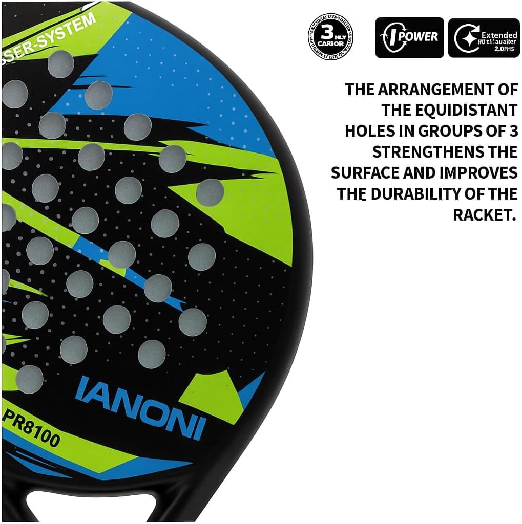 ianoni Padel Racket Carbon Fiber Surface with EVA Memory Flex Foam Core Paddle Tennis Racquets -8100-blue and green