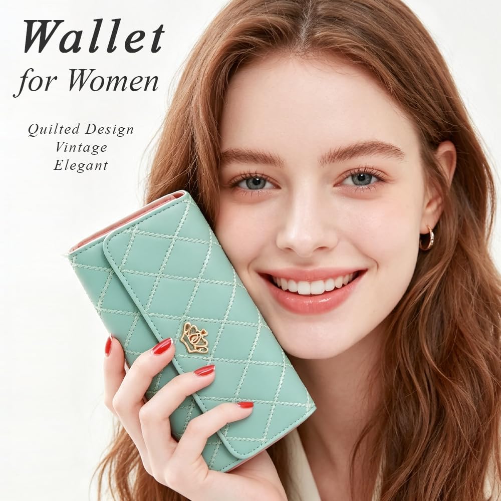 Wallet for Women, RFID Blocking Large Capacity Trifold Ladies Wallet Leather Long Clutch Wallet Multi Card Organizer,Women's Clutch Organizer, red, 1.4 x 3.7 x 7.6 inches, Foldable