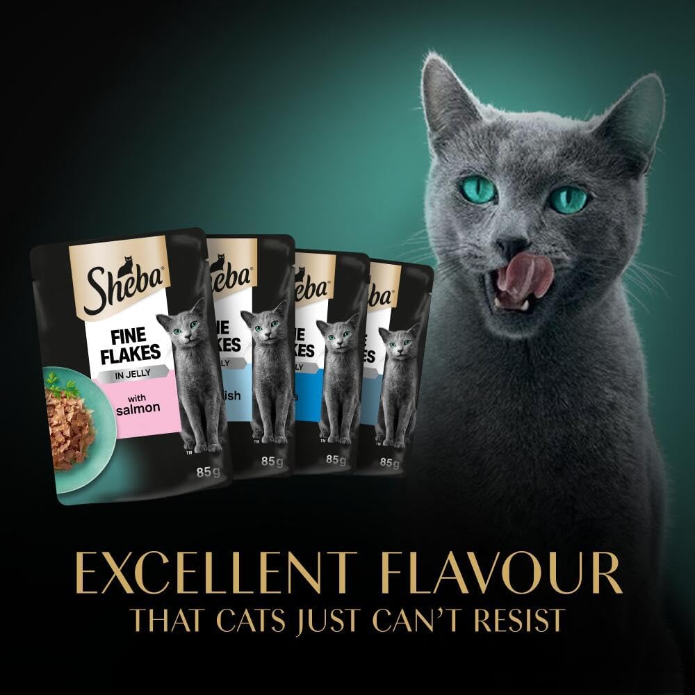 Sheba Fine Flakes in Jelly – Fish Collection – Wet cat food pouches for adult cats – 40x85g pack