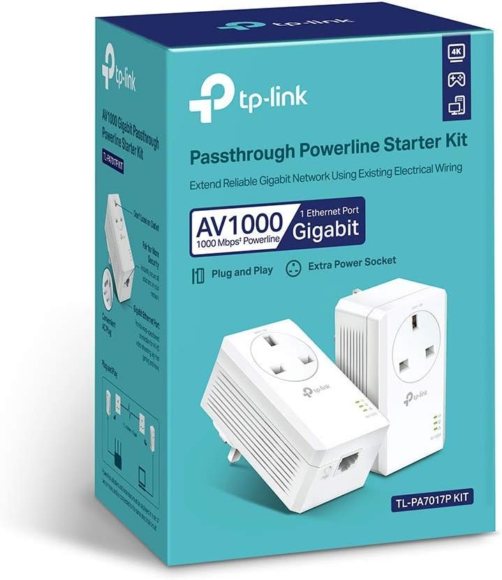 TP-Link TL-PA7017P KIT 1-Port Gigabit Passthrough Powerline Starter Kit, Data transfer speed Up To 1000 Mbps, Ideal for HD/3D/4K video streaming UK Plug (Renewed)