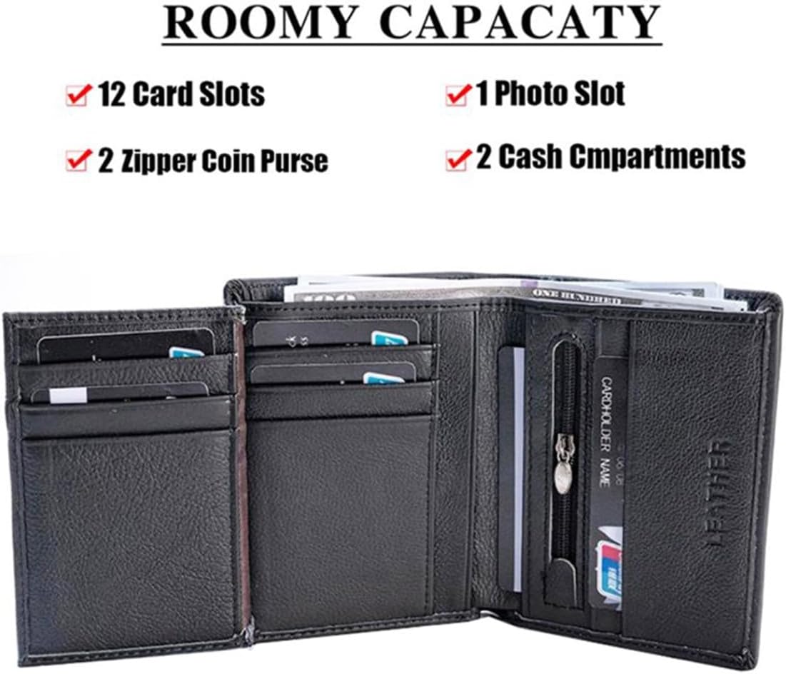 Real Leather Mens Trifold Wallet with RFID Blocking, Multiple Card Slots & ID Window, Zipper Coin Pocket for Secure Daily Commute and Travel, Black