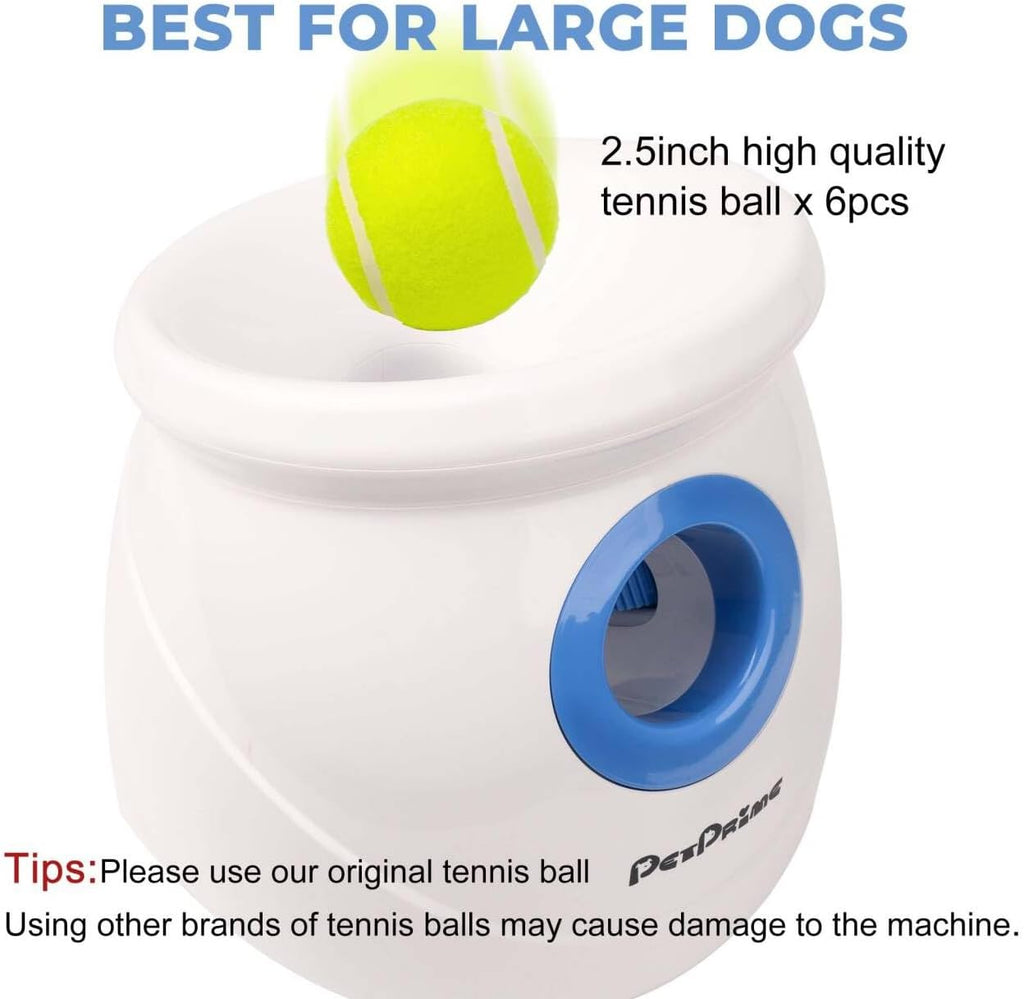 Pet Prime Automatic Dog Ball Launcher for Large Breed, Rechargeable Interactive Ball Thrower Toy with 10-40Ft, Fetch Machine with 6 Durable 2.5" Tennis Balls & Dog Whistle