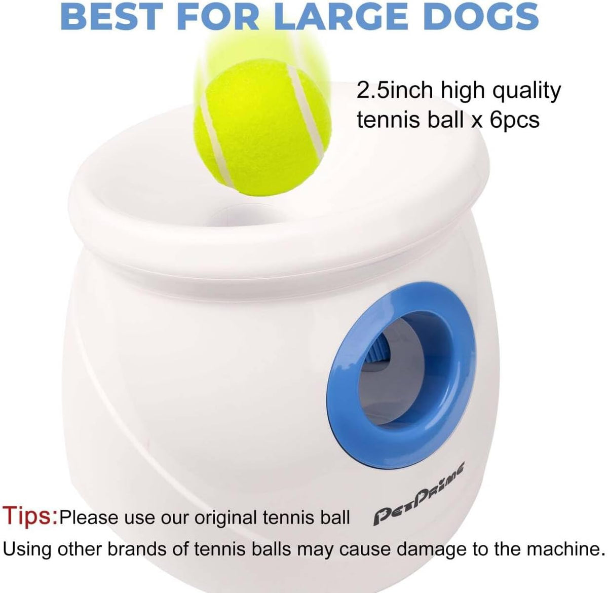 Pet Prime Automatic Dog Ball Launcher for Large Breed, Rechargeable Interactive Ball Thrower Toy with 10-40Ft, Fetch Machine with 6 Durable 2.5" Tennis Balls & Dog Whistle