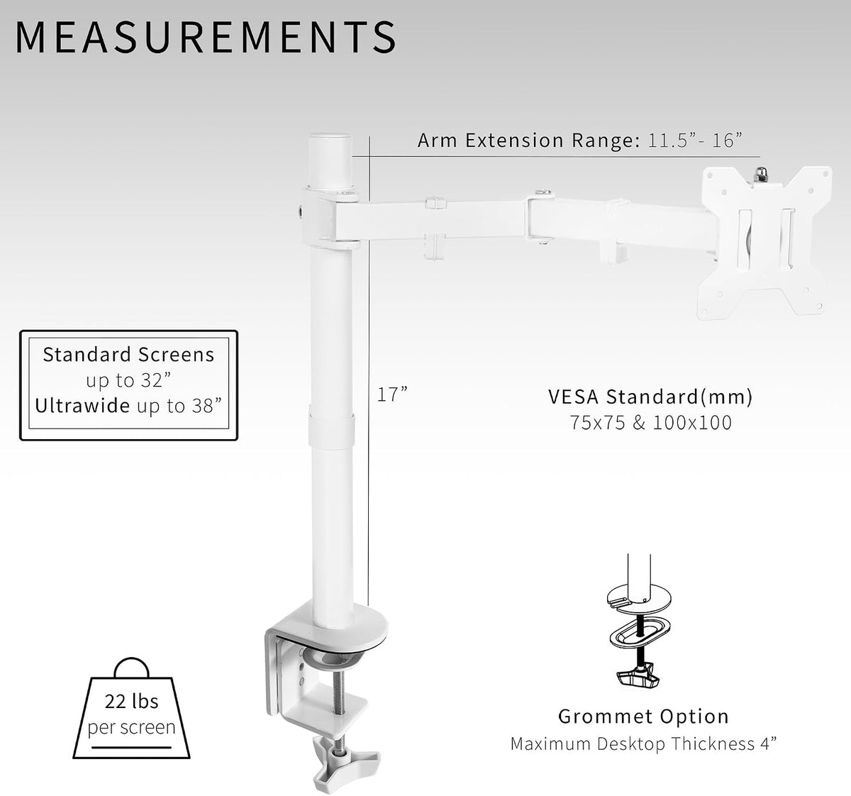 Single Monitor Arm 32 Inch 38 Ultrawide Adjustable VESA White VIVO