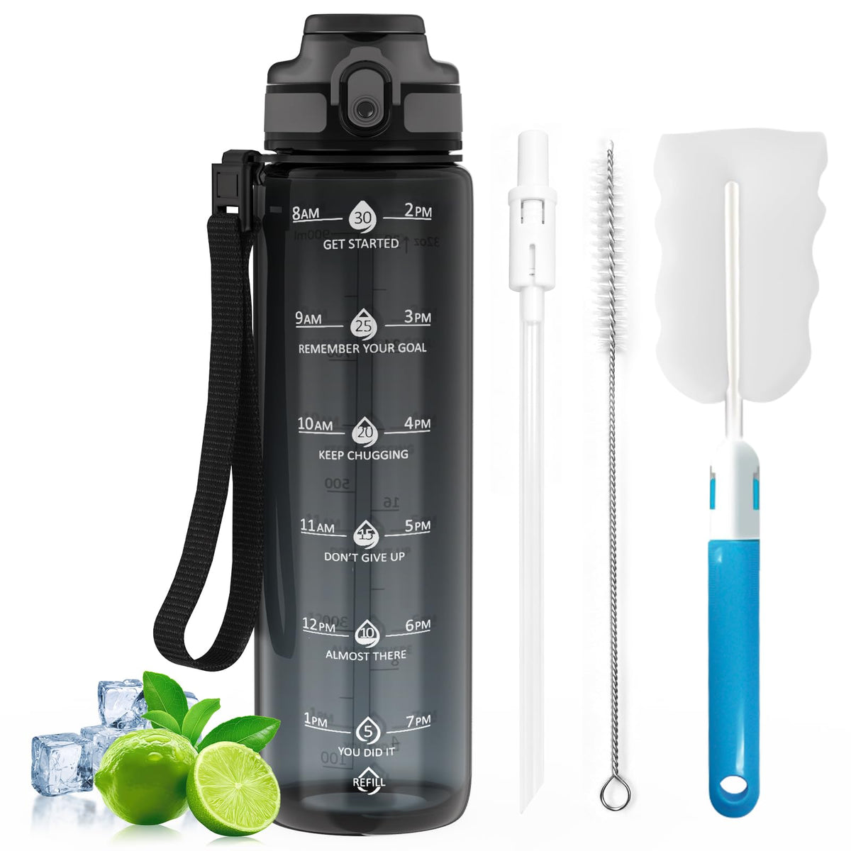 1L Water Bottle Made of BPA-Free Tritan Material, Sports Water Bottle with Removable Straw & Hydration Time Markerings, Ideal for Gym, Travel, Home, School and Outdoor Activities - Dusty-Blue