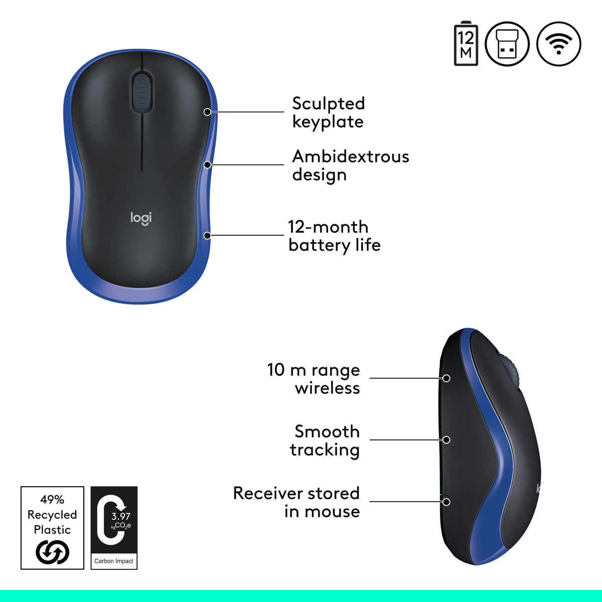 Logitech M185 Wireless Mouse, 2.4GHz with USB Mini Receiver, 12-Month Battery Life, 1000 DPI Optical Tracking, Ambidextrous, Compatible with PC, Mac, Laptop - Grey