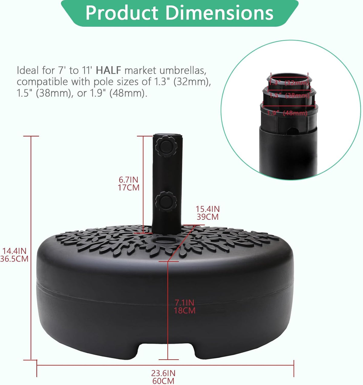 Half Round Parasol Base 57kg Heavy Duty Water Sand Fillable Black Helios&Hestia