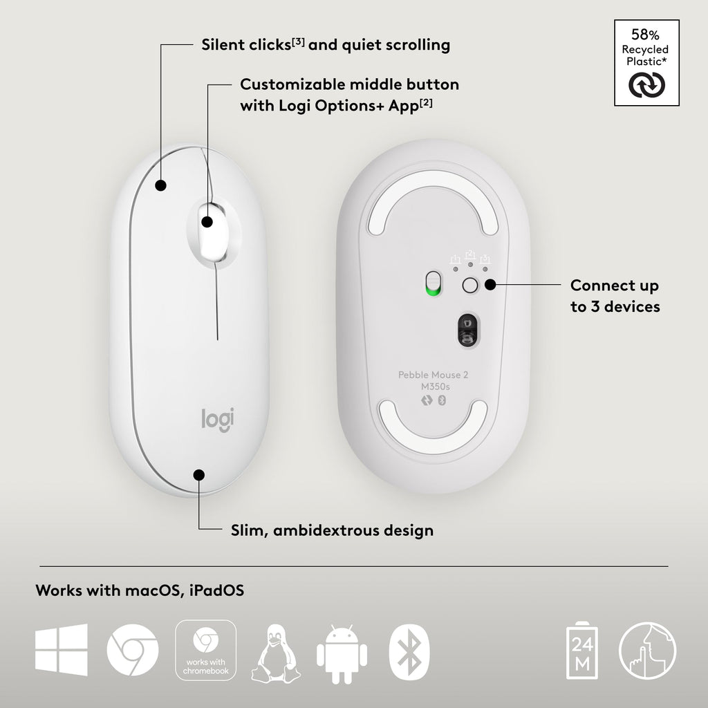 Logitech Pebble Mouse 2 M350s Slim Bluetooth Wireless Mouse
