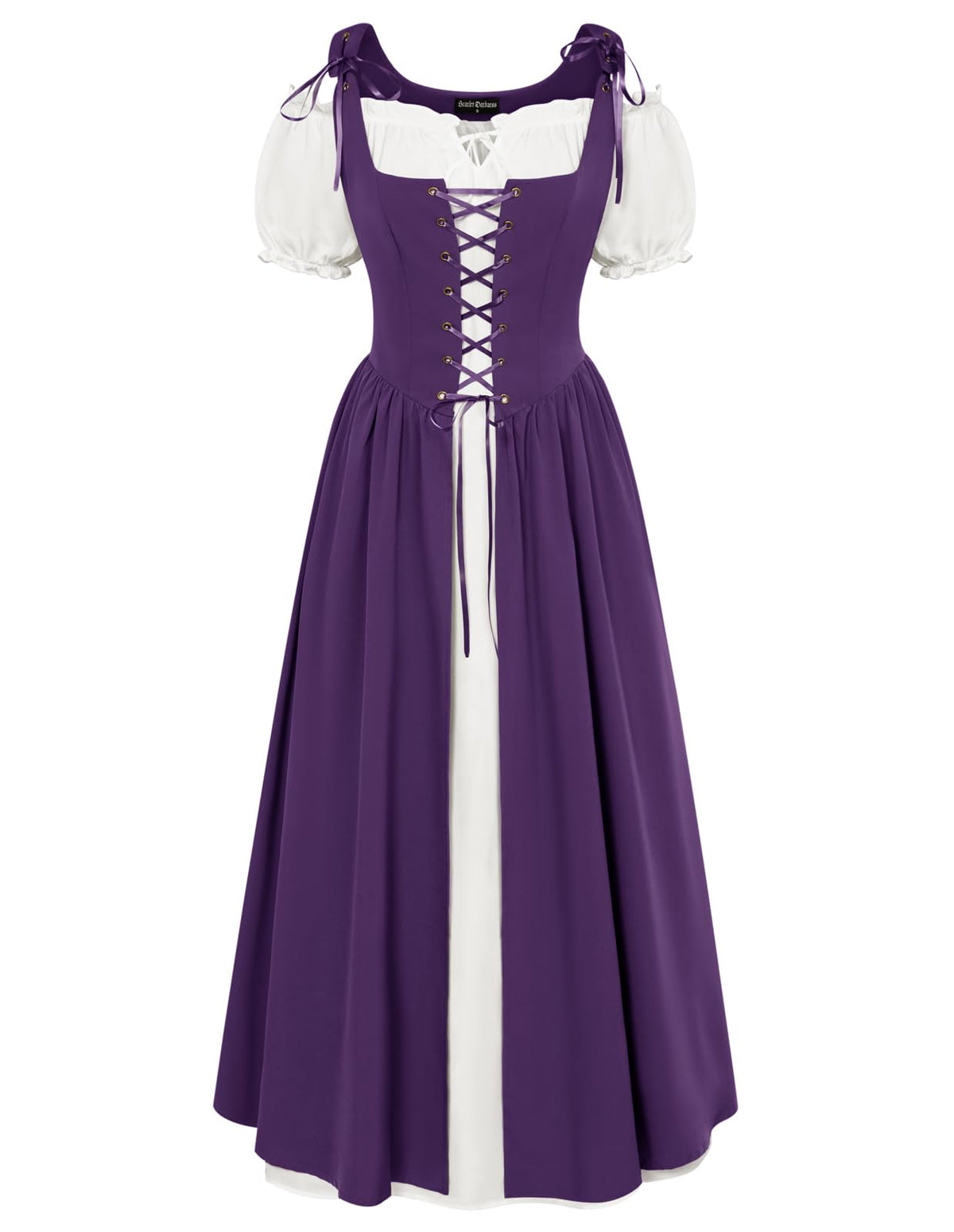 SCARLET DARKNESS Women 2Pcs Renaissance Maxi Dresses Off Shoulder Short Sleeve Lace-up Irish Costume with Over Dress
