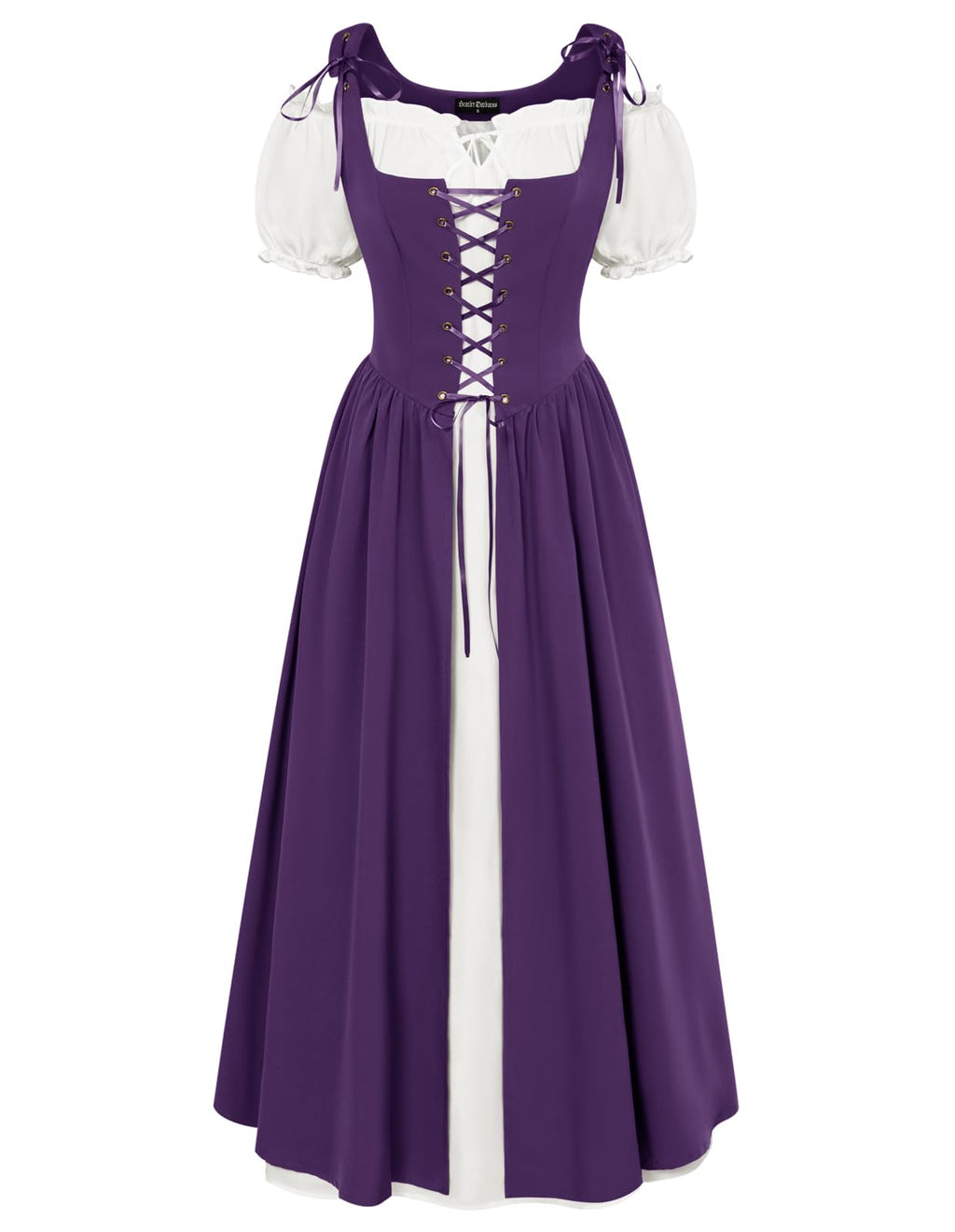 SCARLET DARKNESS Women 2Pcs Renaissance Maxi Dresses Off Shoulder Short Sleeve Lace-up Irish Costume with Over Dress