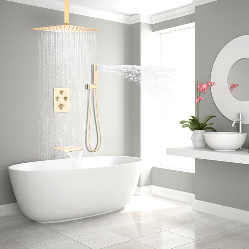 12 Inch Shower System Brass Mixer Waterfall Tub Spout Brushed Gold Bathroom Set