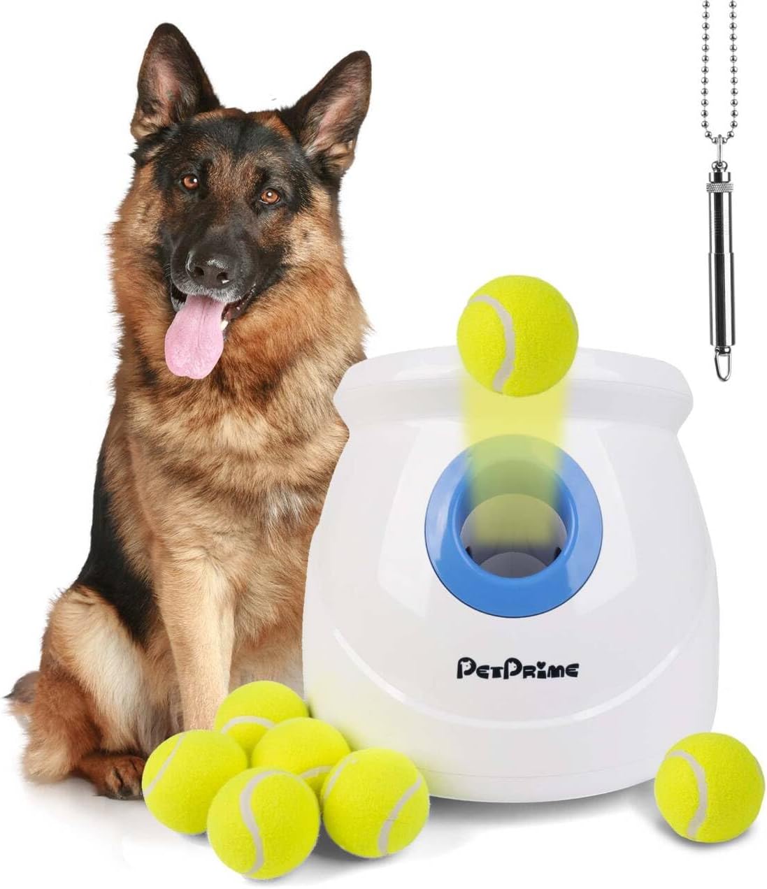 Pet Prime Automatic Dog Ball Launcher for Large Breed, Rechargeable Interactive Ball Thrower Toy with 10-40Ft, Fetch Machine with 6 Durable 2.5" Tennis Balls & Dog Whistle