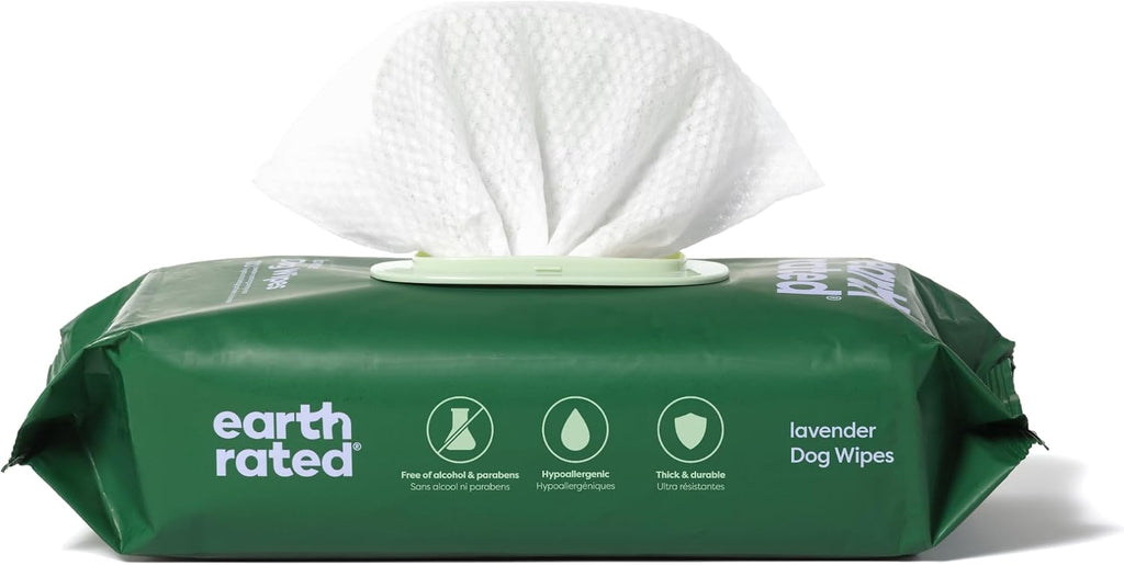 Earth Rated Dog Wipes, Hypoallergenic, Cleaning and Hydrating, for Grooming Paws, Body and Bums, Lavender Scented, 100 Count