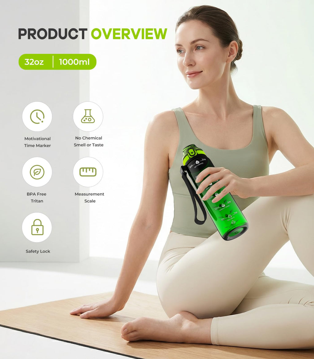 1L Water Bottle Made of BPA-Free Tritan Material, Sports Water Bottle with Removable Straw & Hydration Time Markerings, Ideal for Gym, Travel, Home, School and Outdoor Activities - Dusty-Blue