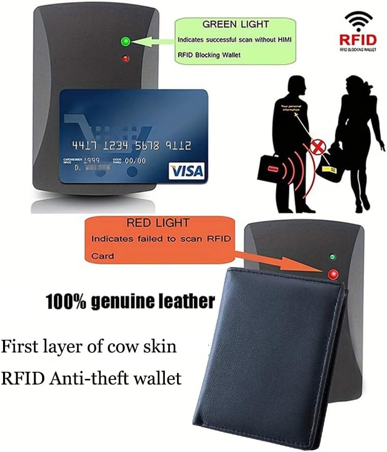 Real Leather Mens Trifold Wallet with RFID Blocking, Multiple Card Slots & ID Window, Zipper Coin Pocket for Secure Daily Commute and Travel, Black