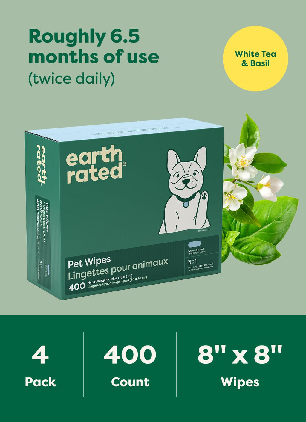 Earth Rated Dog Wipes, Hypoallergenic, Cleaning and Hydrating, for Grooming Paws, Body and Bums, Lavender Scented, 100 Count