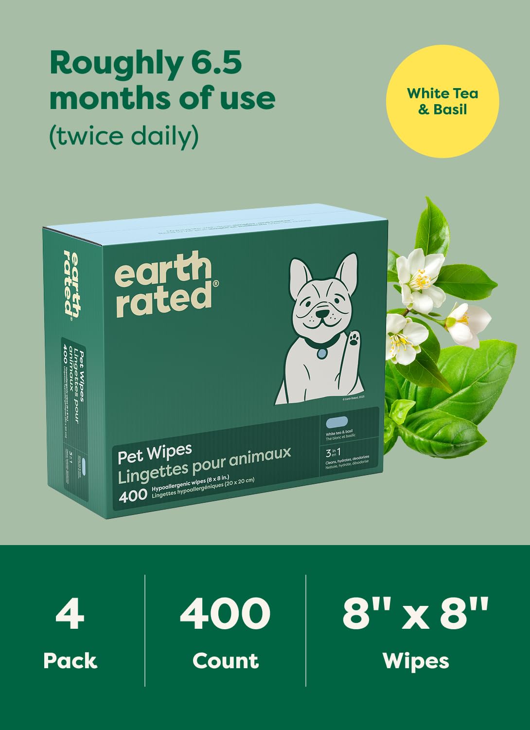 Earth Rated Dog Wipes, Hypoallergenic, Cleaning and Hydrating, for Grooming Paws, Body and Bums, Lavender Scented, 100 Count
