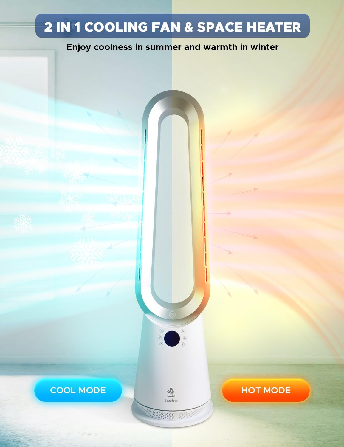 Bladeless Tower Fan Heater Cooler 2 in 1 Remote Alexa Smart Control EcoNour Home