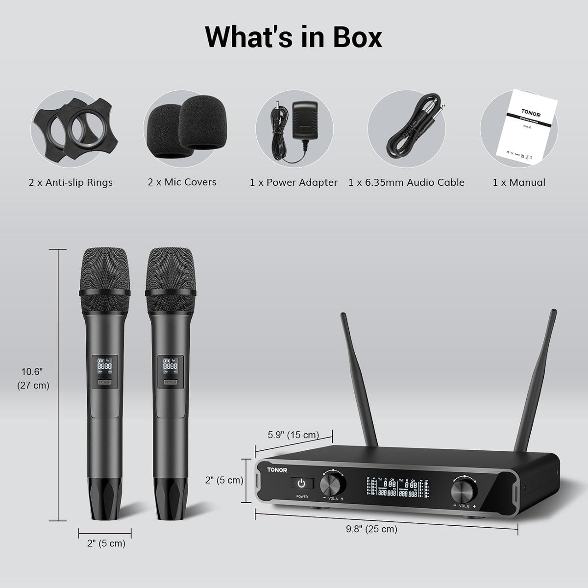 Wireless Microphones Dual UHF Handheld 60m Karaoke System Grey TONOR Mics