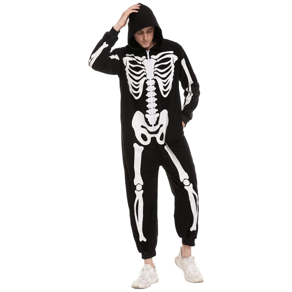 Spooktacular Creations Unisex Skeleton Jumpsuit - Plush Skeleton Zippered Halloween Hoody for Adult Sleepwear Costume