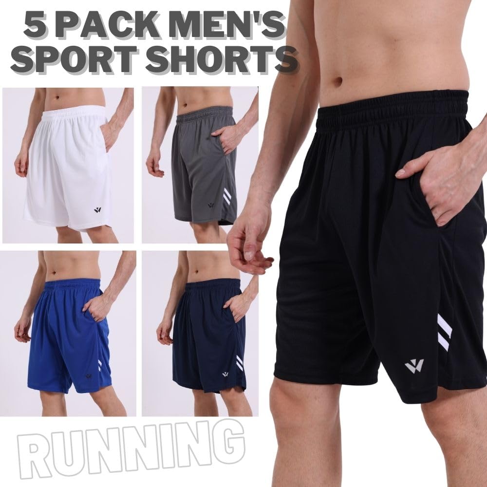 5 Pack Mens Sports Shorts Men's Athletic Shorts with Pockets and Elastic Waistband, Quick Dry Workout Shorts for Men Running Trousers