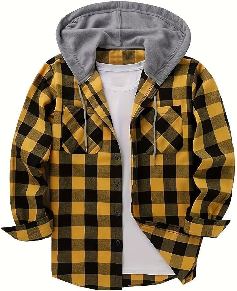Men's Casual Plaid Hooded Shirt with Chest Pocket & Adjustable Drawstring - Stylish Long Sleeve Fall Casual Button-Up