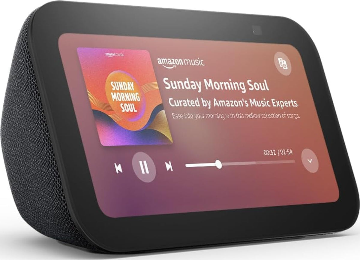 Echo Show 5 (Newest gen), Smart display and alarm clock with clearer sound, Charcoal, with Alexa+ Early Access