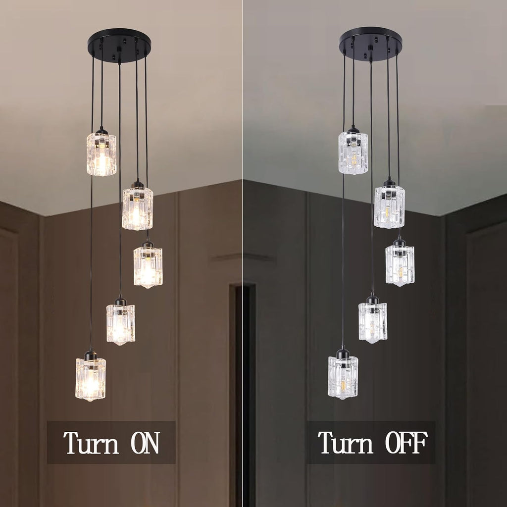 Crystal Pendant Chandelier 5 Light Long Drop Black High Ceiling Staircase Lighting