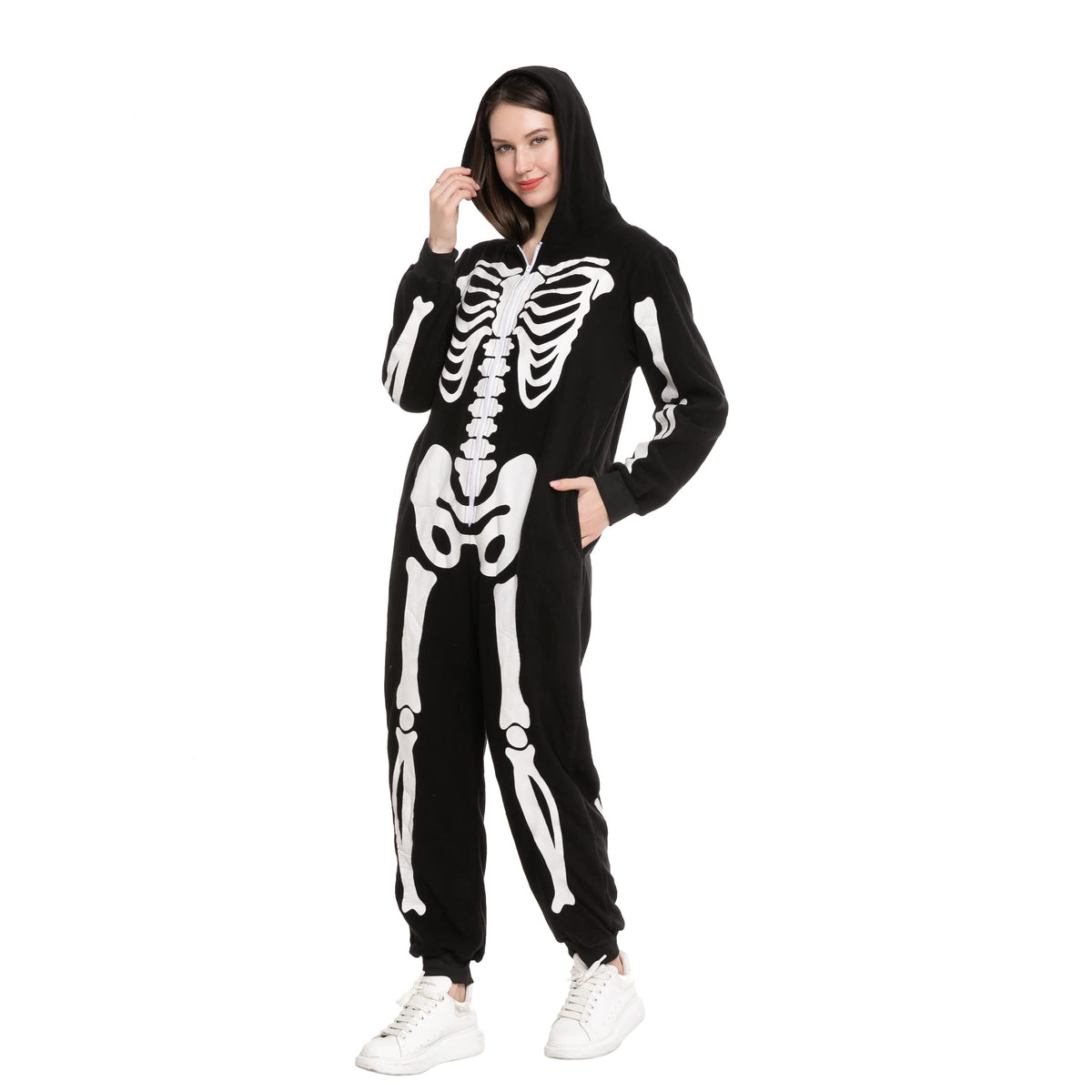 Spooktacular Creations Unisex Skeleton Jumpsuit - Plush Skeleton Zippered Halloween Hoody for Adult Sleepwear Costume