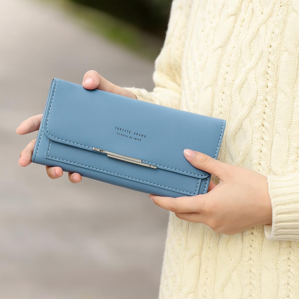 Leather Wallet for Women Slim Designer Trifold Ladies Credit Card Holder, Blue, Compact, Casual Coin Purse