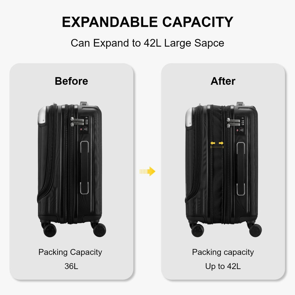 Carry On Suitcase 55cm Expandable Laptop Compartment TSA Black LEVEL8 Cabin Luggage