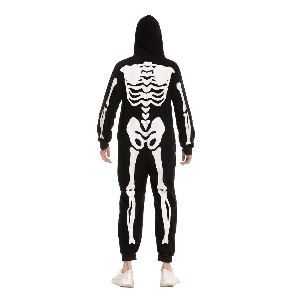 Spooktacular Creations Unisex Skeleton Jumpsuit - Plush Skeleton Zippered Halloween Hoody for Adult Sleepwear Costume