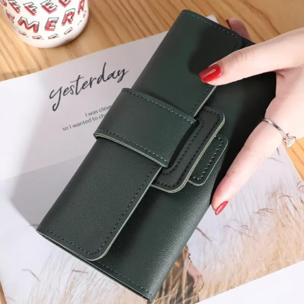 Coin Purse Large Capacity PU Long Wallet Luxury Solid Color Money Bag Women (Green)