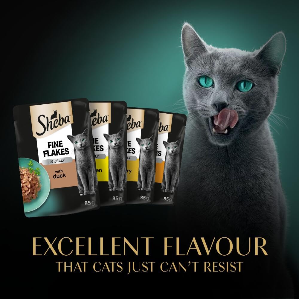 Sheba Fine Flakes in Jelly – Fish Collection – Wet cat food pouches for adult cats – 40x85g pack