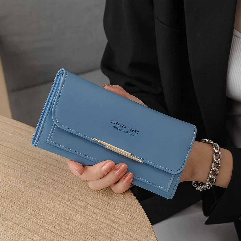 Leather Wallet for Women Slim Designer Trifold Ladies Credit Card Holder, Blue, Compact, Casual Coin Purse