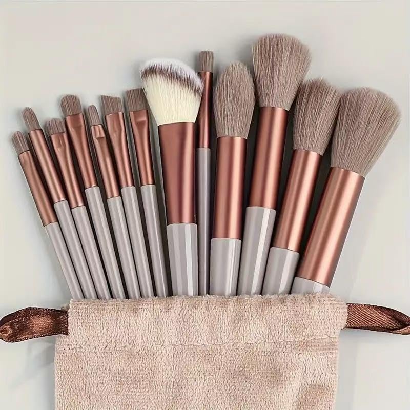 13-Piece Makeup Brush Set for Face and Eyes, Foundation, Powder, Concealer, Eyeshadow, Blush, Makeup Brushes with Storage Bag, Brown