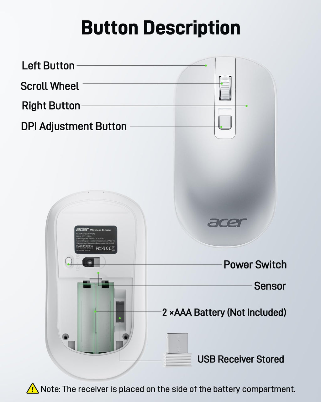 Acer Wireless Mouse, Computer Mouse Wireless with 2.4GHz USB Receiver