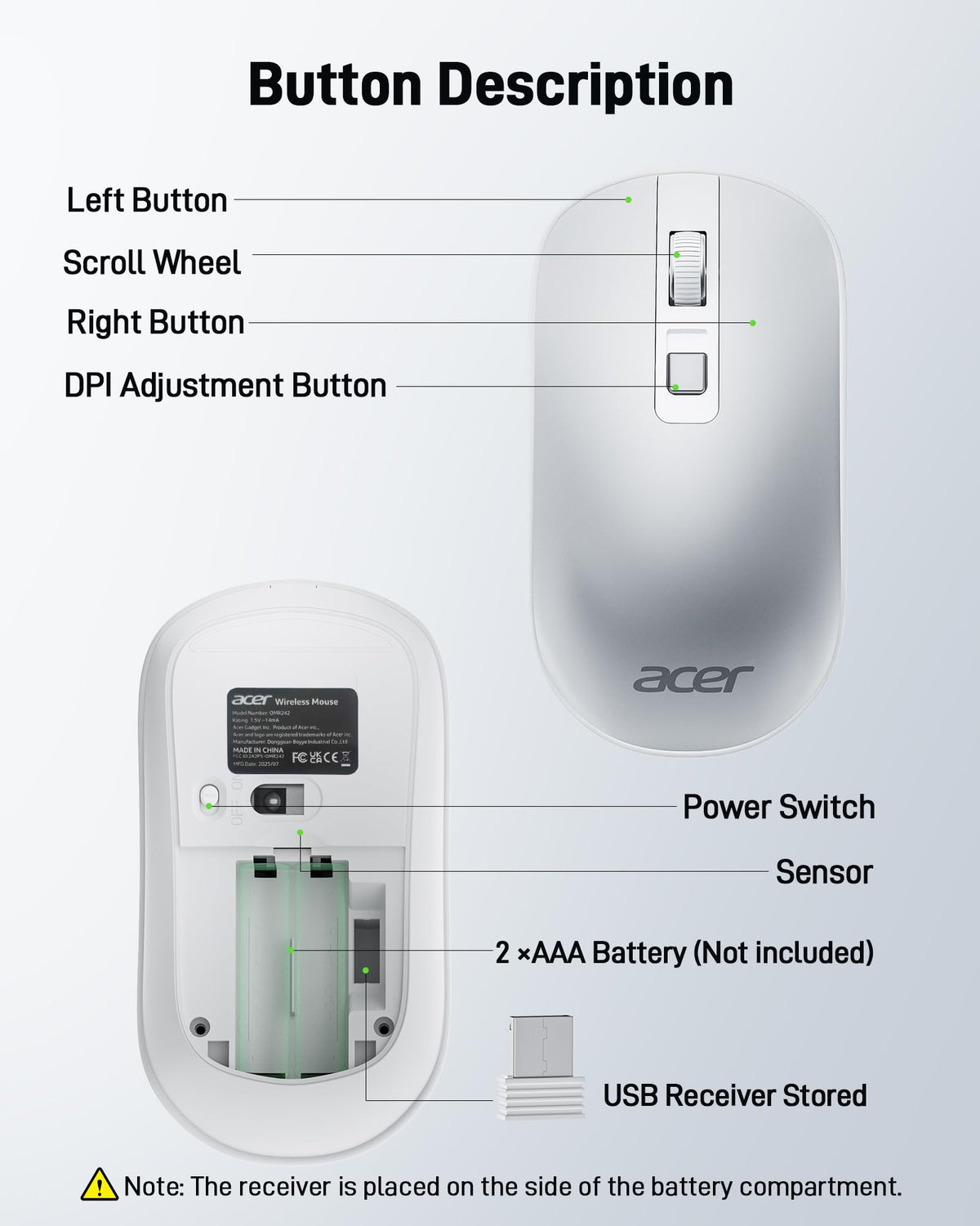 Acer Wireless Mouse, Computer Mouse Wireless with 2.4GHz USB Receiver